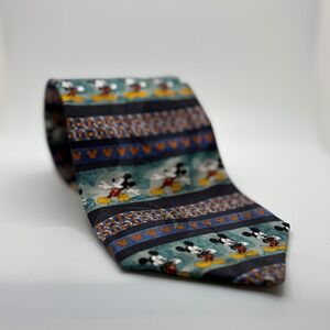 Disney Mickey Mouse Silk Tie Mens Vintage Handmade Blue Green Geometric Pattern